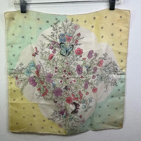 Vintage 60s square silk scarf garden floral butterflies painted hand rolled edge - Picture 11 of 16